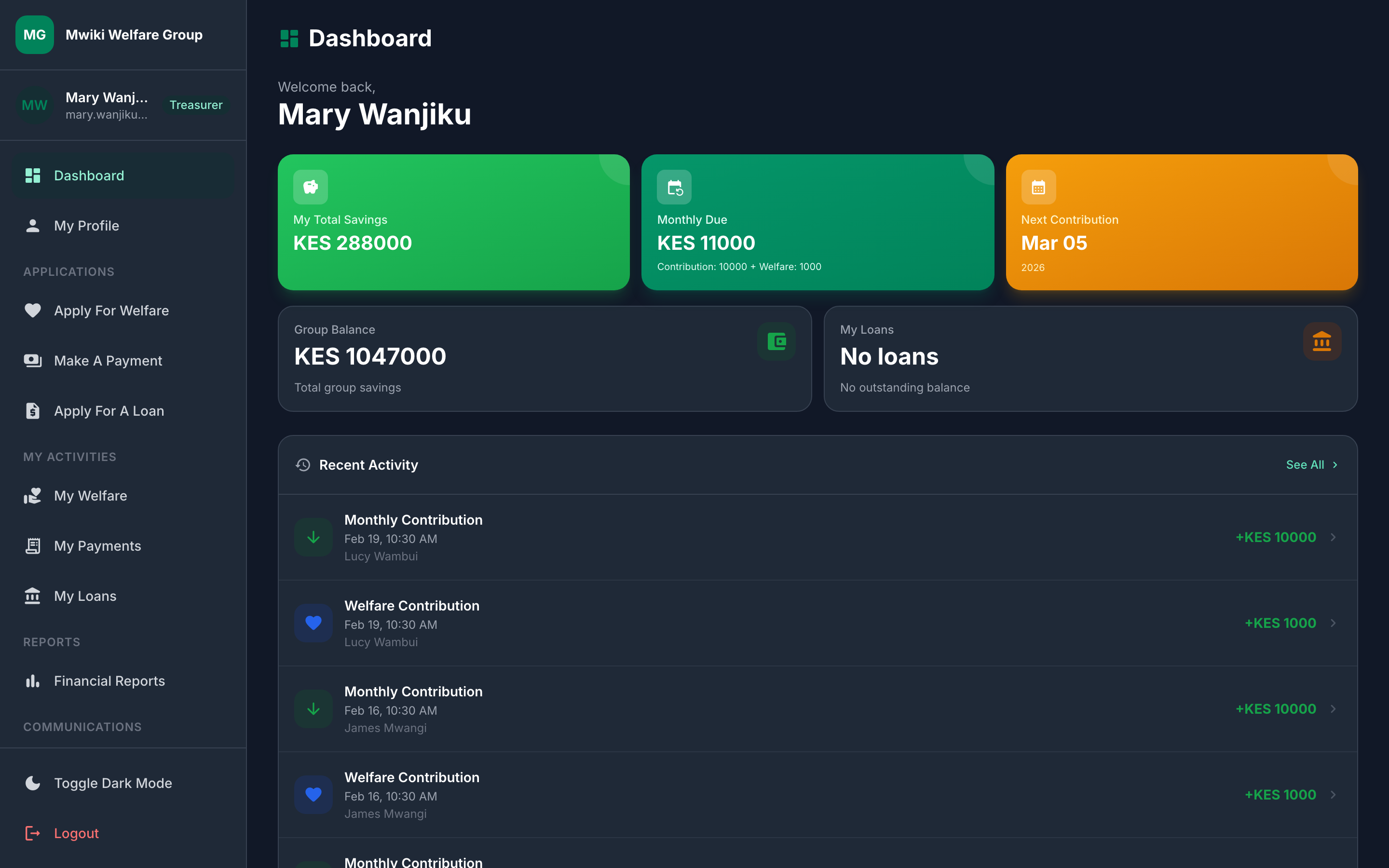 MyChama.app dashboard — dark mode